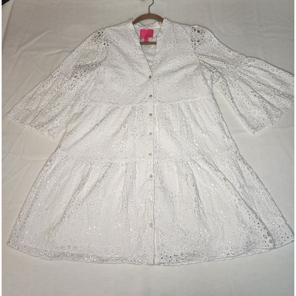 Lilly Pulitzer Dress Hazelanne Eyelet Midi 3/4 Bell Sleeve Resort White Size 14